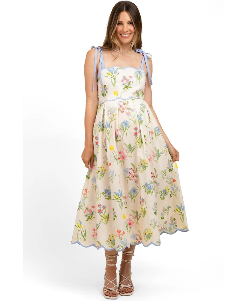 Pinkblush Maternity Cream Floral Shoulder Tie Scallop Trim Midi Dress
