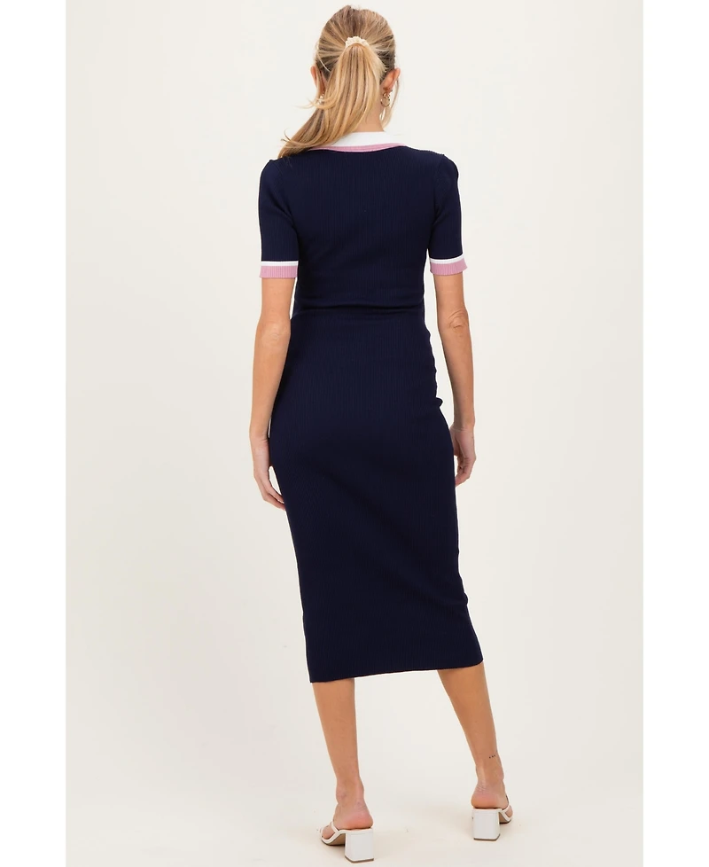 Pinkblush Maternity Navy Collared Colorblock Midi Dress