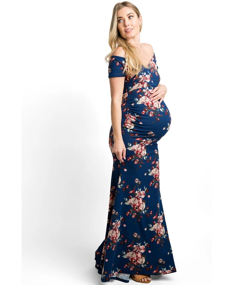 Pinkblush Maternity Navy Floral Off Shoulder Wrap Photoshoot Gown/Dress