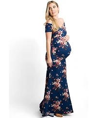 Pinkblush Maternity Navy Floral Off Shoulder Wrap Photoshoot Gown/Dress