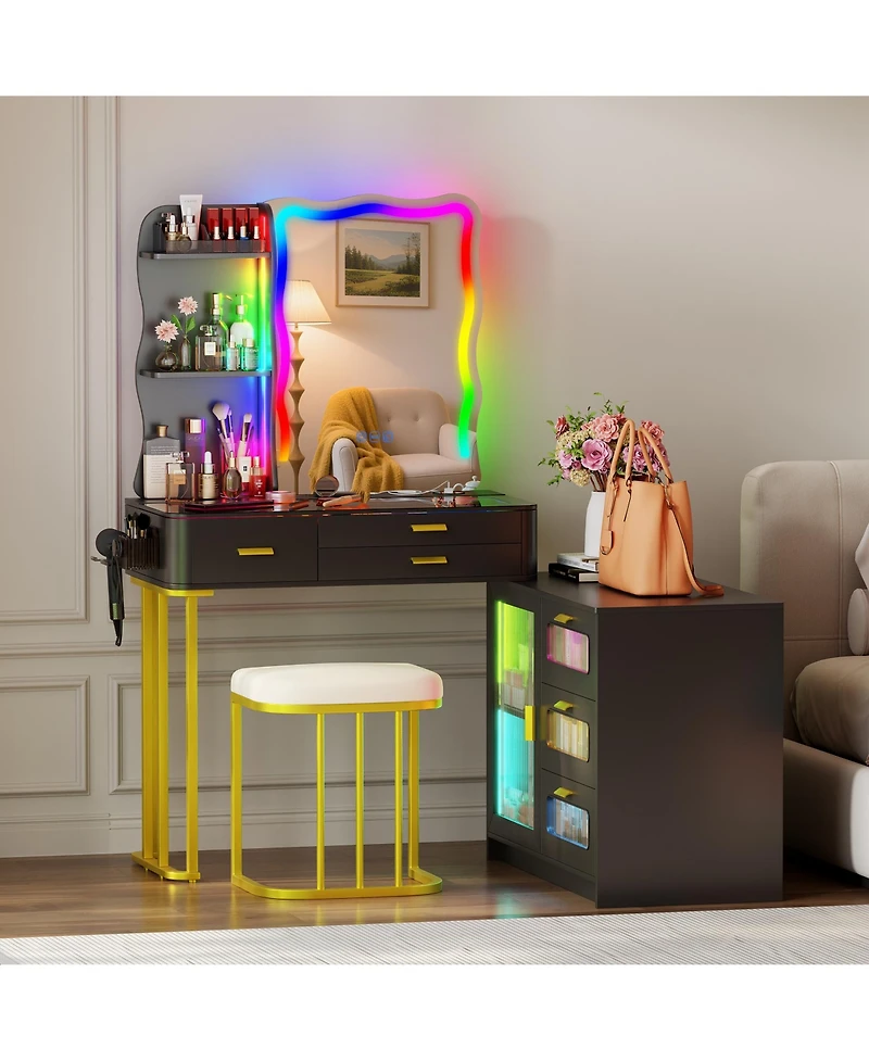 Vlsrka Lvifur Rgb Makeup Vanity Desk with Lights, Glass Top Table