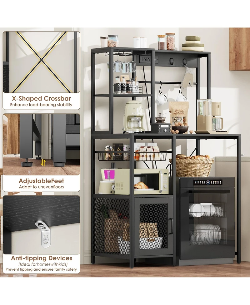 Kitchen Bakers Rack with Refrigerator Storage Space, Industrial Microwave Stand Power Outlet, Freestanding Shelf for Pantry