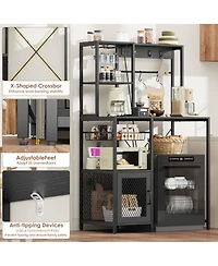 Kitchen Bakers Rack with Refrigerator Storage Space, Industrial Microwave Stand Power Outlet, Freestanding Shelf for Pantry