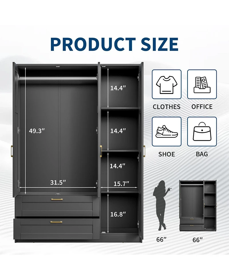 gaomon Storage Cabinet with 3 Doors, 2 Drawers, Hanging Rod, Soft-Close Hinges for Living Room, Entryway