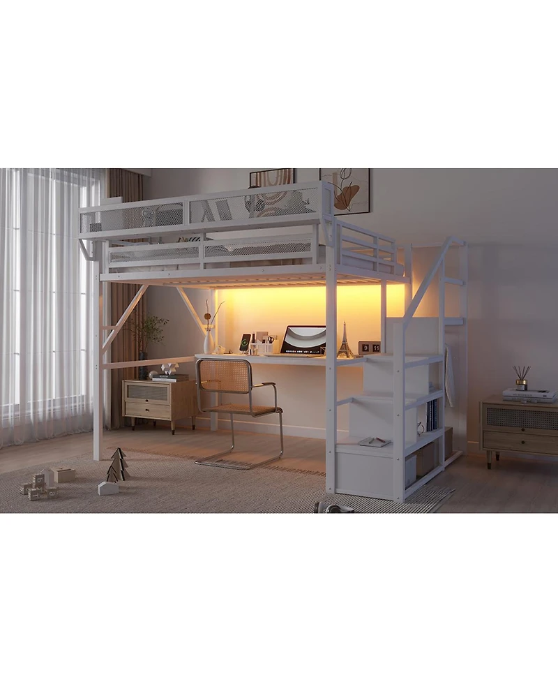 Streamdale Furniture Queen Loft Bed with Desk, Stairs and Charging Station