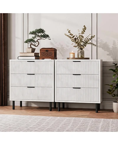 homfan 27inch Fluted Dresser - Set of 2 Wooden Chest with 3 Drawers, Metal Legs, Bedside Table with Storage, Anti-Tipping Device