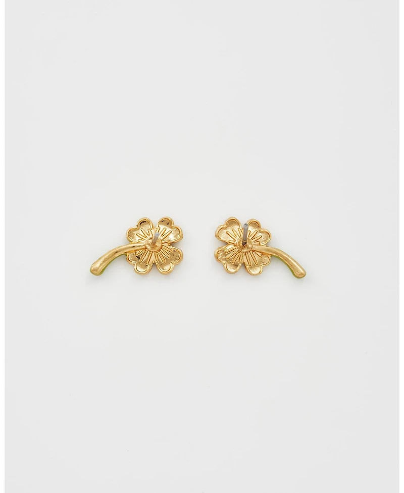 Fable England Gold Lucky Clover and Pearl Stud Earrings
