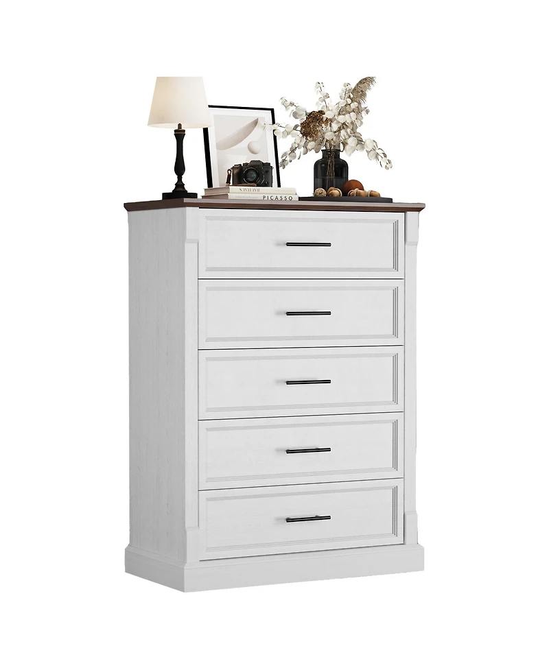 homfan 5-Drawer Farmhouse Tall Chest with Metal Handles, Rustic Dresser for Bedroom Living Room Hallway, Multiple Finishes