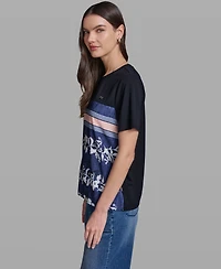Karl Lagerfeld Paris Women's Short-Sleeve Mix-Media Printed Knit Top