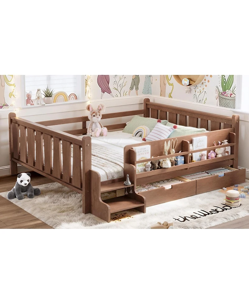 Streamdale Furniture Solid Wood Queen Floor Bed with Storage Bookcases, Drawers, and Stairs