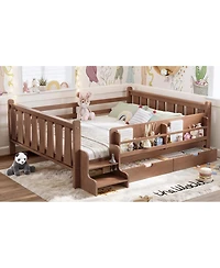 Streamdale Furniture Solid Wood Queen Floor Bed with Storage Bookcases, Drawers, and Stairs