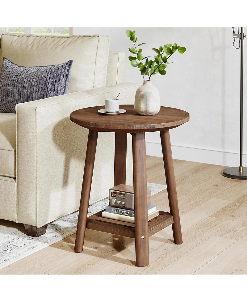 Tribesigns Solid Wood Round Side Table, 2-Tier Small End Table with Storage Shelf