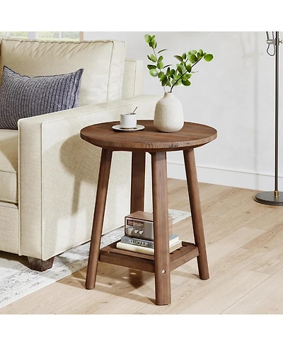Tribesigns Solid Wood Round Side Table, 2-Tier Small End Table with Storage Shelf
