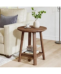 Tribesigns Solid Wood Round Side Table, 2-Tier Small End Table with Storage Shelf
