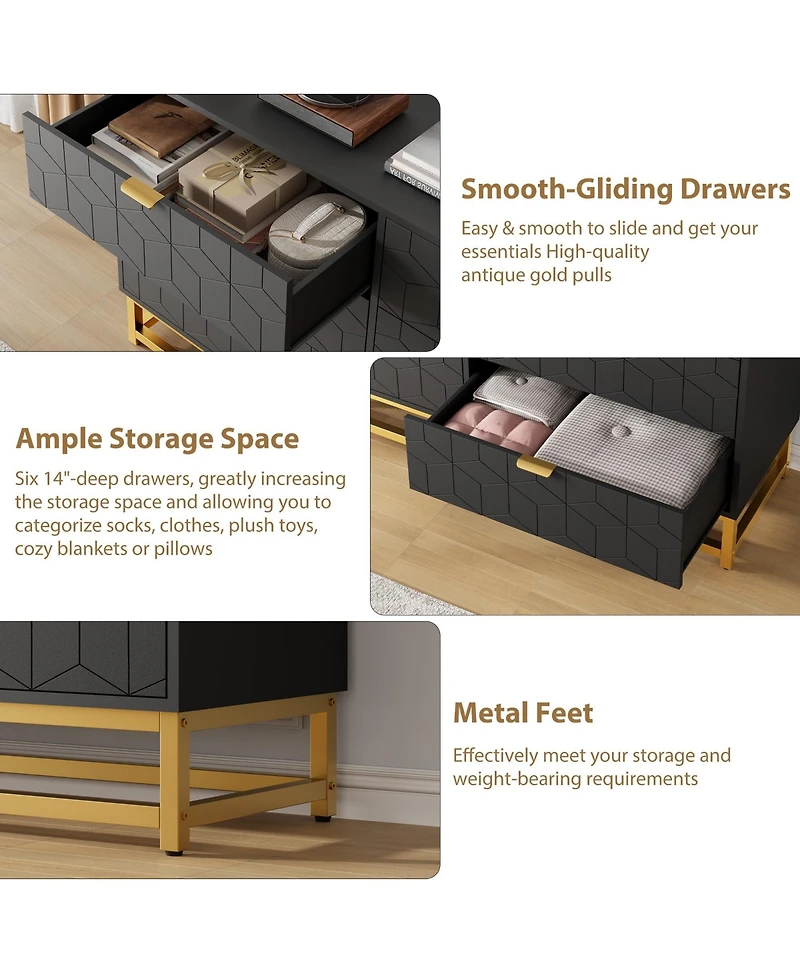 homfan 6-Drawer 53.5" Wide Dresser with Handles and Legs, Modern Chest for Bedroom Hallway Living Room