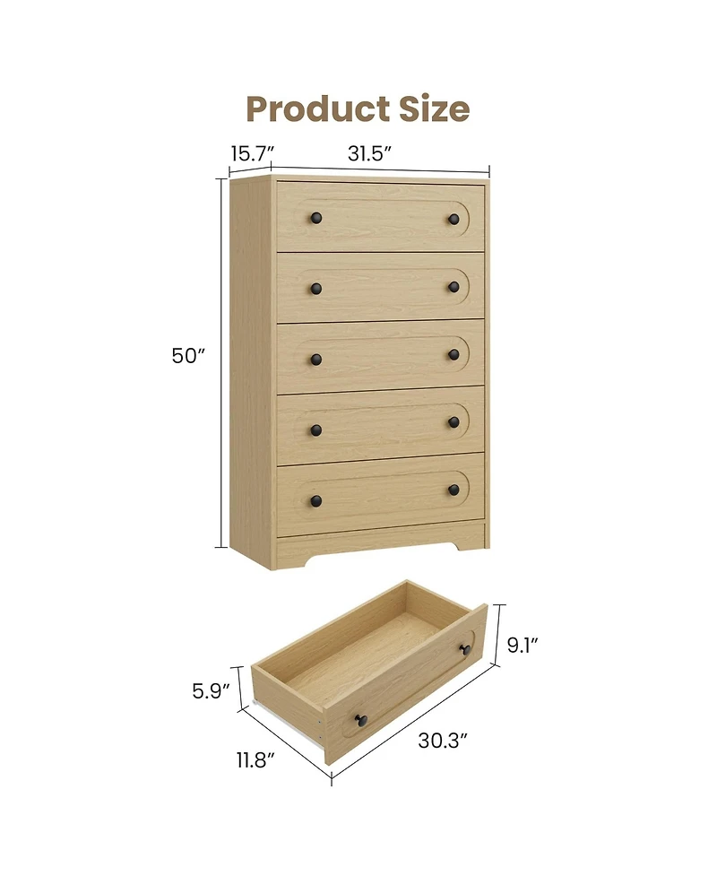 homfan 5-Drawer Tall Dresser with Deep Drawers and Metal Knobs, Mid Century Modern Chest for Bedroom Living Room Entryway