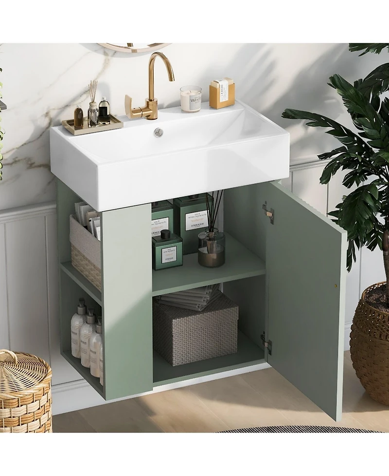 Phying 21.6 Inch Wall Mounted Floating Bathroom Vanity Modern Storage Cabinet with Ceramic Basin and Left Side Storage for Small Bathrooms