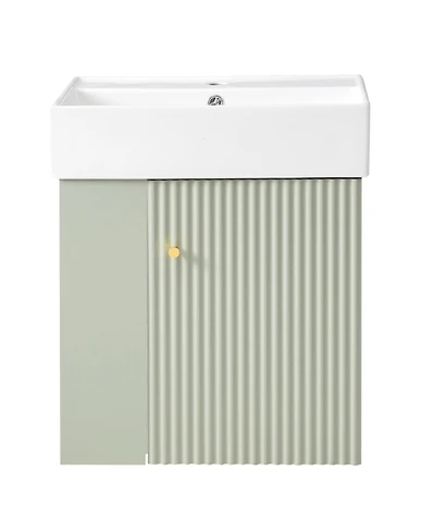 Phying 21.6 Inch Wall Mounted Floating Bathroom Vanity Modern Storage Cabinet with Ceramic Basin and Left Side Storage for Small Bathrooms