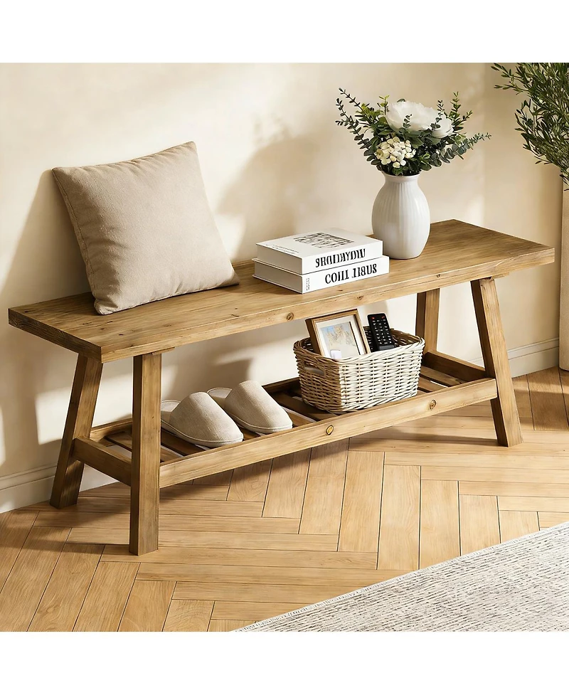 Streamdale Furniture 43" Farmhouse Wood Bench, 2-Tier Entryway Storage (Distressed Wood)