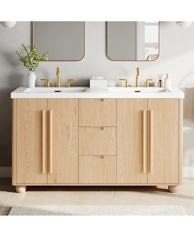 Sillysis 59 Inch Double Sink Bathroom Vanity with Resin Top, Wood Grain Freestanding Cabinet, Soft Close Drawers, Adjustable Shelves