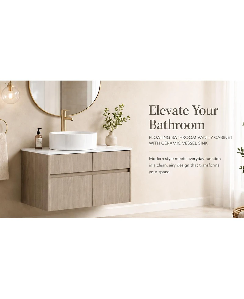 Sillysis 31.5 Inch Wall Mounted Bathroom Vanity with Round Ceramic Sink, Storage Drawers and Wood Grain Finish for Modern Bathrooms