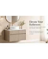 Sillysis 31.5 Inch Wall Mounted Bathroom Vanity with Round Ceramic Sink, Storage Drawers and Wood Grain Finish for Modern Bathrooms