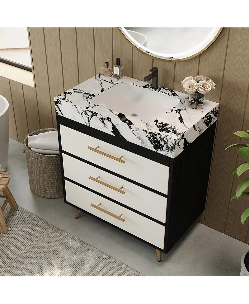 Sillysis Freestanding Bathroom Vanity with Sintered Stone Top, Ceramic Sink, Soft-Close Drawers, Modern Storage Cabinet-Sillysis