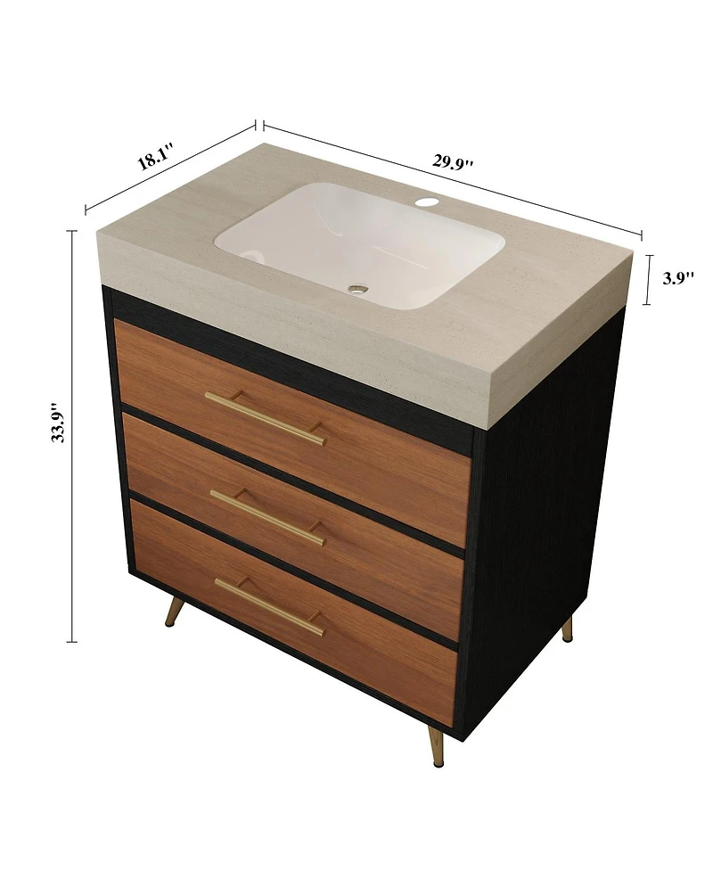 Sillysis Freestanding Bathroom Vanity with Sintered Stone Top, Ceramic Sink, Soft-Close Drawers, Modern Storage Cabinet-Sillysis