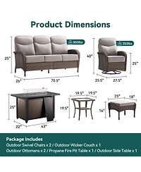 Pocassy 7 Pieces Patio Furniture Set with Fire Pit High Back Outdoor 6-inch Cushions Wicker Swivel Rocker Chairs for Lawn,Deck
