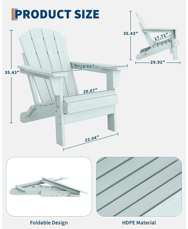 Xo Folding Adirondack Chair, Hdpe Plastic Outdoor Chair with Wood Grain Texture, Weather Resistant Patio Chair 380Lbs Capacity for Fire Pit Deck