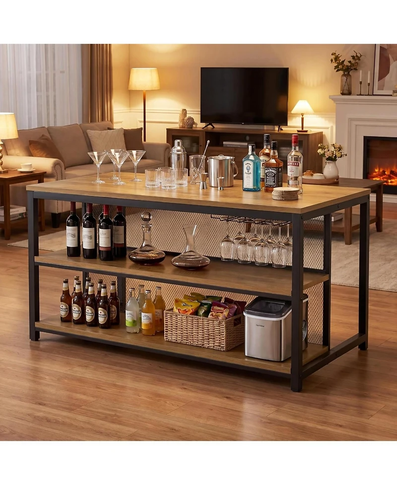 Tribesigns 63 Inch Bar Table, Industrial Home Bar Unit with Storage Shelves and Seating, Wine Cabinet for Kitchen, Dining Room, Living Room, Bistro