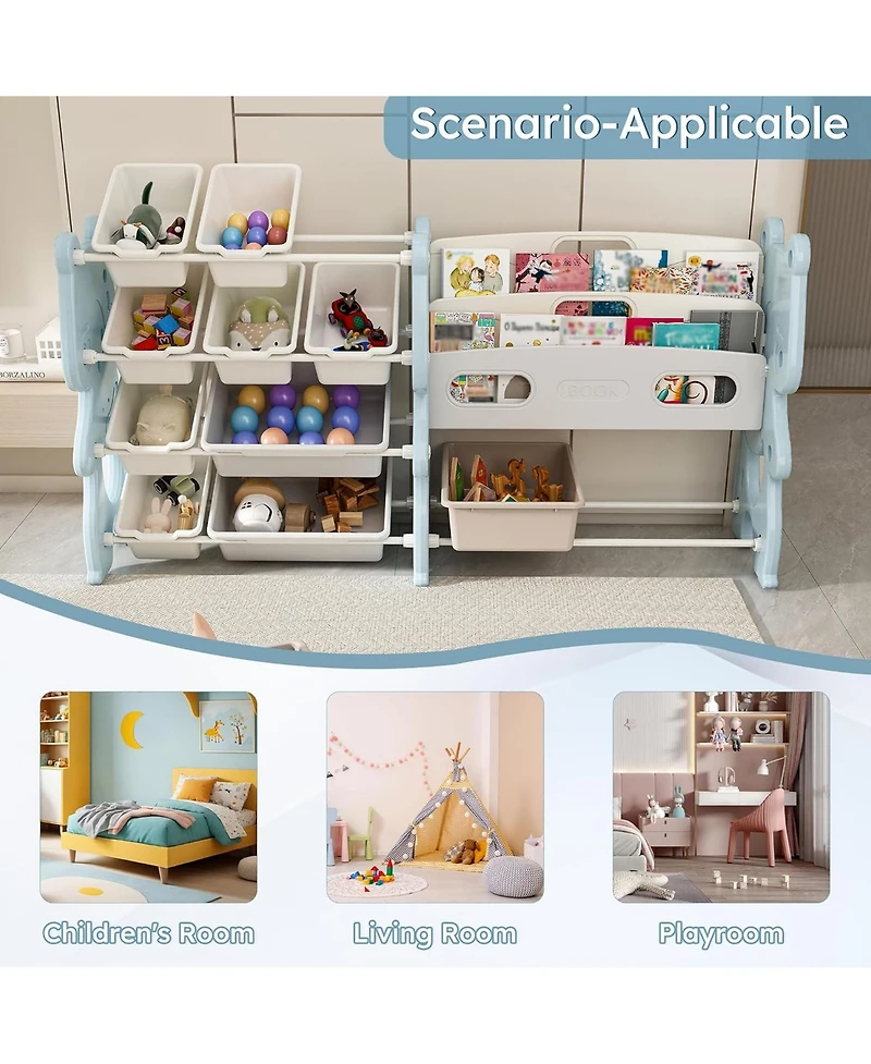Rainsken Kids Bookshelf, Toy Storage Organizer with 12 Toy Bins and 2 Tier Display Rack for Playroom, Bedroom