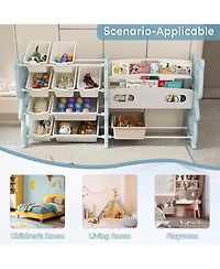Rainsken Kids Bookshelf, Toy Storage Organizer with 12 Toy Bins and 2 Tier Display Rack for Playroom, Bedroom