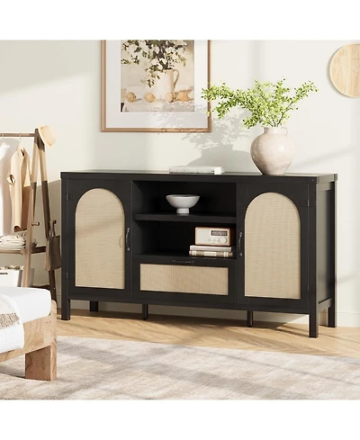 homfan Farmhouse Rattan Sideboard Buffet Cabinet 59 Inch Storage Unit Coffee Bar with Drawer and Open Shelves Wooden Entryway Organizer