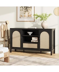 homfan Farmhouse Rattan Sideboard Buffet Cabinet 59 Inch Storage Unit Coffee Bar with Drawer and Open Shelves Wooden Entryway Organizer