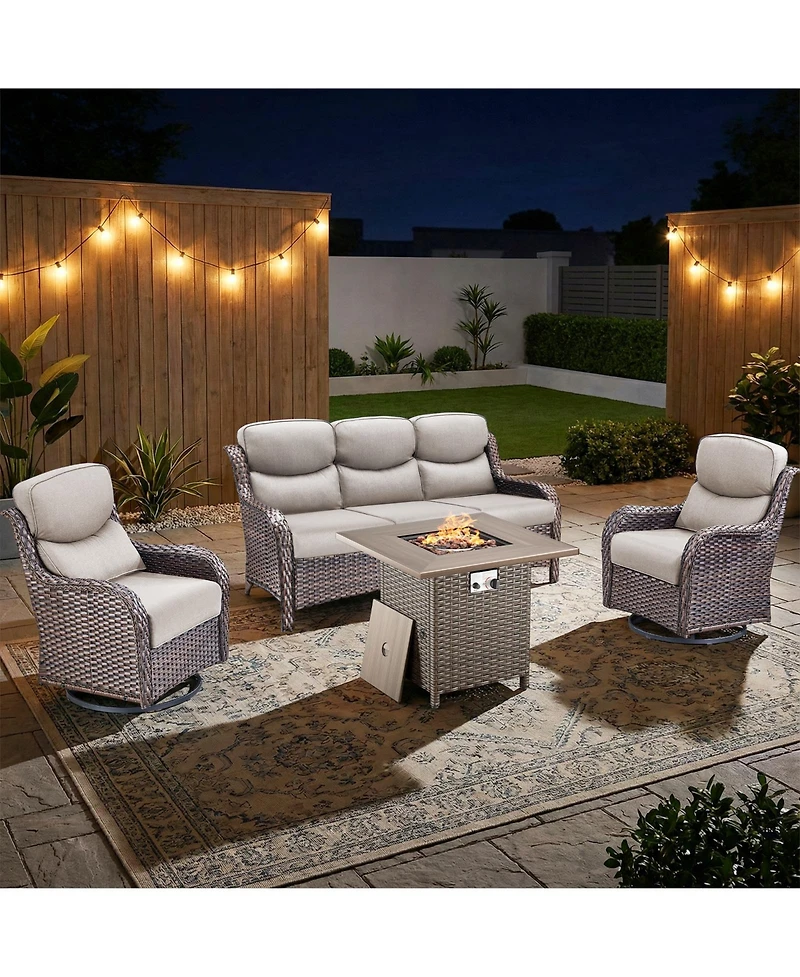 Pocassy 4 Pieces Patio Furniture Set with Fire Pit High Back Outdoor 5-inch Cushions Wicker Swivel Rocker Chairs