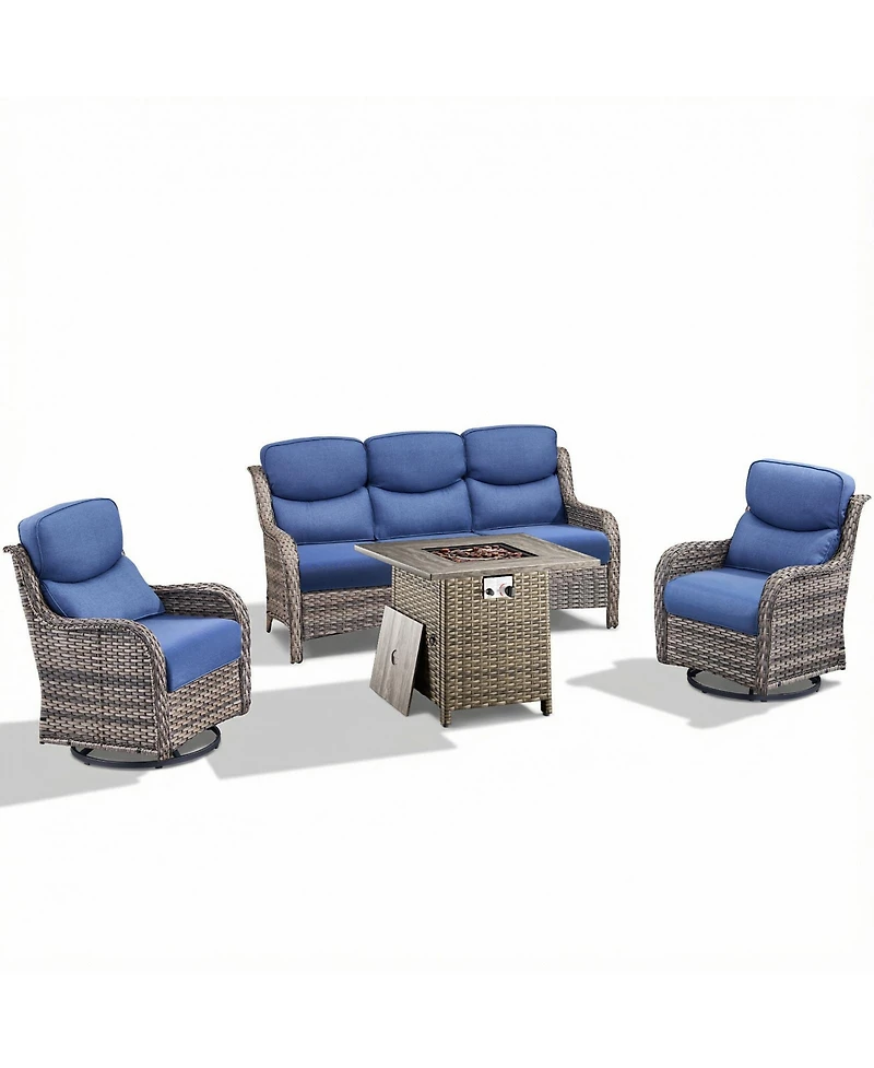 Pocassy 4 Pieces Patio Furniture Set with Fire Pit High Back Outdoor 5-inch Cushions Wicker Swivel Rocker Chairs