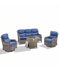 Pocassy 4 Pieces Patio Furniture Set with Fire Pit High Back Outdoor 5-inch Cushions Wicker Swivel Rocker Chairs