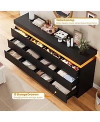 homfan 63" 12-Drawer Dresser with Led Light and Charging Station, Storage Chest for Bedroom Living Room
