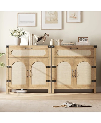 homfan Set of 2 Modern Rattan Sideboard with Drawer and Adjustable Shelves, 30 Inch Storage Buffet for Entryway, Living Room