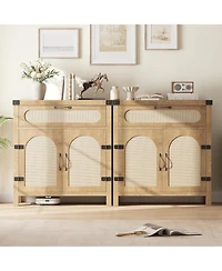 homfan Set of 2 Modern Rattan Sideboard with Drawer and Adjustable Shelves, 30 Inch Storage Buffet for Entryway, Living Room