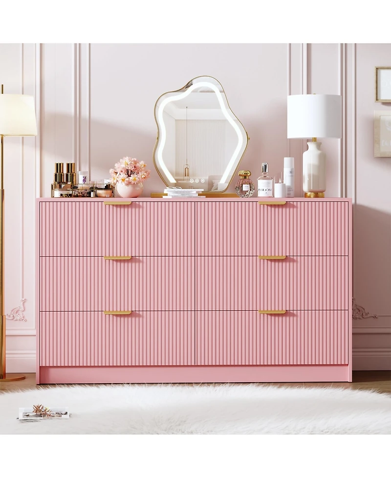 homfan 54" Fluted 6-Drawer Dresser with Handles, Modern Storage Chest for Bedroom and Living Room, Multiple Finishes