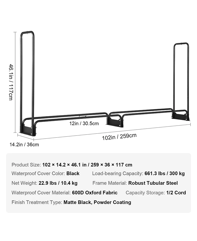 Cozito Firewood Rack with Water-Resistant Cover, 101 x 14 x 46 inches Outdoor Holder, 1/2 Cord