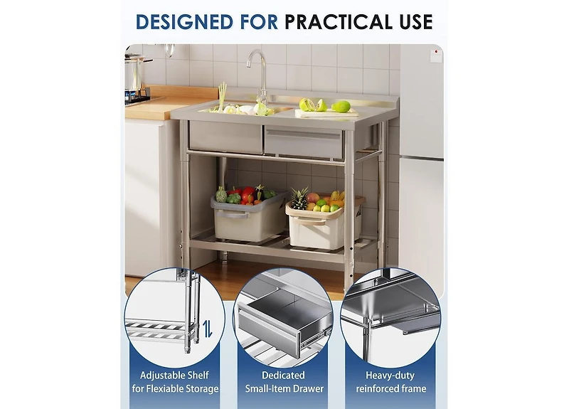 Aecojoy Stainless Steel Utility Sink, Free Standing Single Bowl Commercial Kitchen Sinks with Faucet