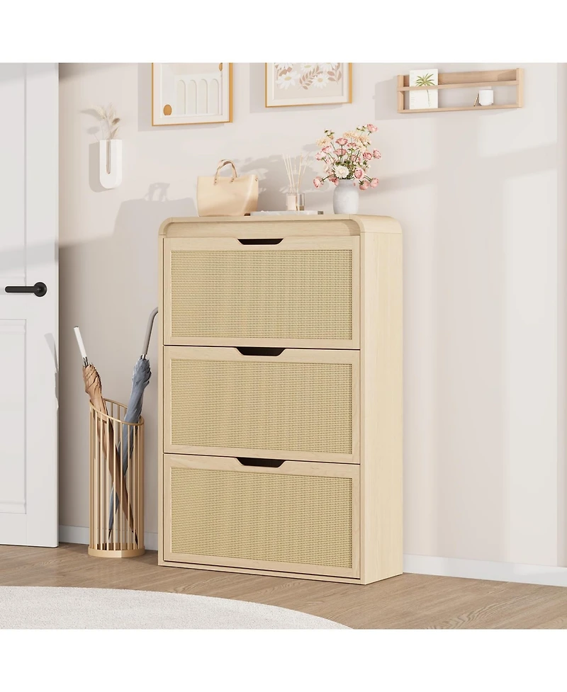 homfan Rattan Shoe Cabinet with 3 Flip Drawers, Slim and Narrow Wood Storage for Entryway, Adjustable Removable Shelves, Boho Hallway Organizer