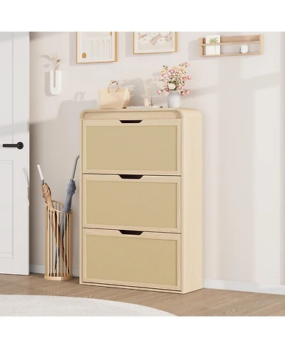 homfan Rattan Shoe Cabinet with 3 Flip Drawers, Slim and Narrow Wood Storage for Entryway, Adjustable Removable Shelves, Boho Hallway Organizer