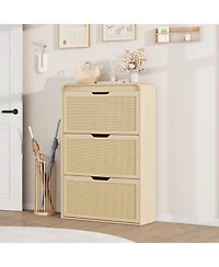 homfan Rattan Shoe Cabinet with 3 Flip Drawers, Slim and Narrow Wood Storage for Entryway, Adjustable Removable Shelves, Boho Hallway Organizer