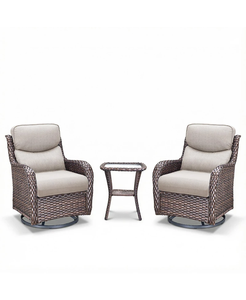 Pocassy Outdoor Swivel Glider Rocker Chairs with 5-in Cushion - 3 Piece Patio Furniture Set, Bistro Sets Tempered Glass Side Table