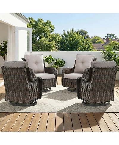 Pocassy Patio Chairs Outdoor Swivel Glider Set of 4 High Back Outside Brown Wicker Rattan Rocking Chair with Thick Cushion