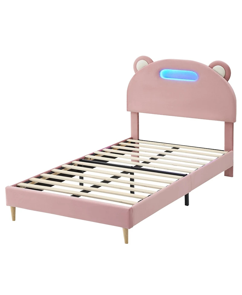 homfan Led Upholstered Platform Bed Frame with Headboard, Wood Slat Support, Remote and App Control, Box Spring Not Required